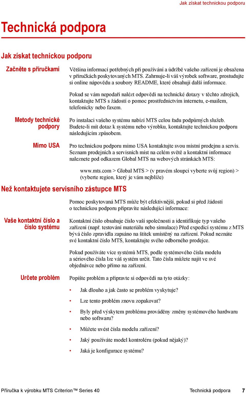 Pokud se vám nepodaří nalézt odpovědi na technické dotazy v těchto zdrojích, kontaktujte MTS s žádostí o pomoc prostřednictvím internetu, e-mailem, telefonicky nebo faxem.