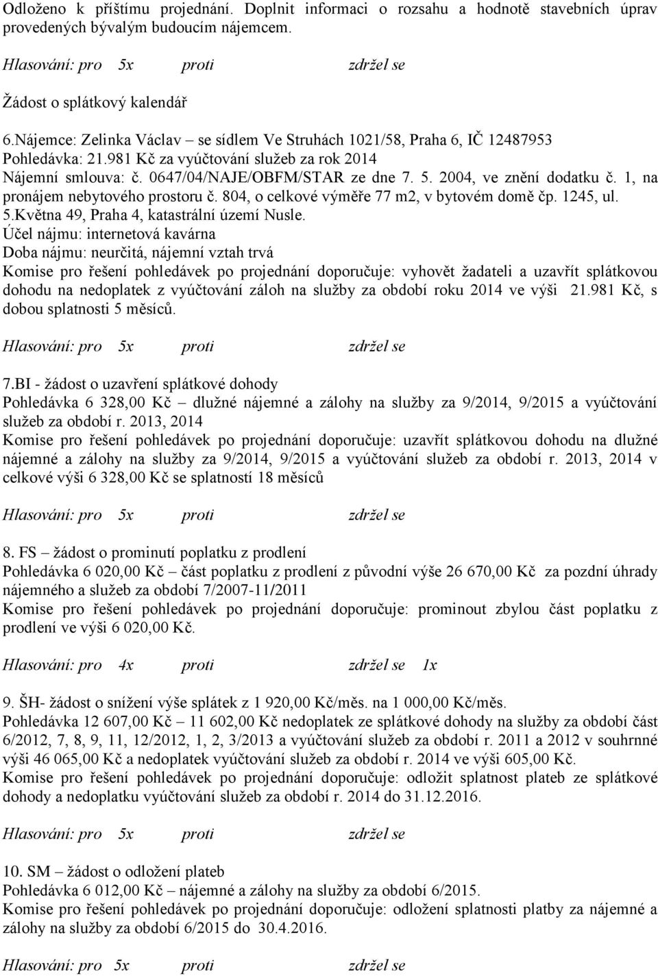 2004, ve znění dodatku č. 1, na pronájem nebytového prostoru č. 804, o celkové výměře 77 m2, v bytovém domě čp. 1245, ul. 5.Května 49, Praha 4, katastrální území Nusle.