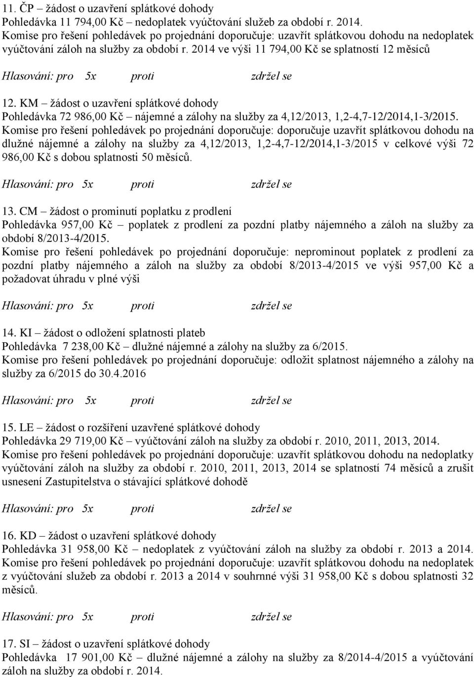 KM žádost o uzavření splátkové dohody Pohledávka 72 986,00 Kč nájemné a zálohy na služby za 4,12/2013, 1,2-4,7-12/2014,1-3/2015.