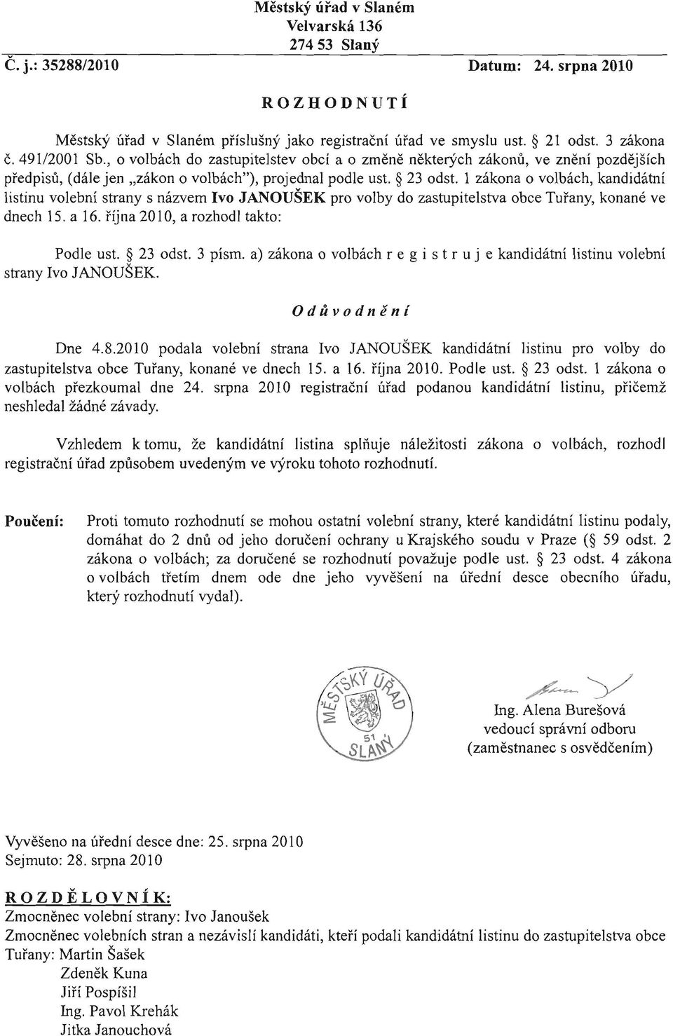 1 zákona o volbách, kandidátni listinu volebni strany s názvem Ivo JANOUEK pro volby do zastupitelstva obce Tuiany, konané ye dnech 15. a 16. IIjna 2010, a rozhodl takto: Podle ust. 23 odst. 3 pism.