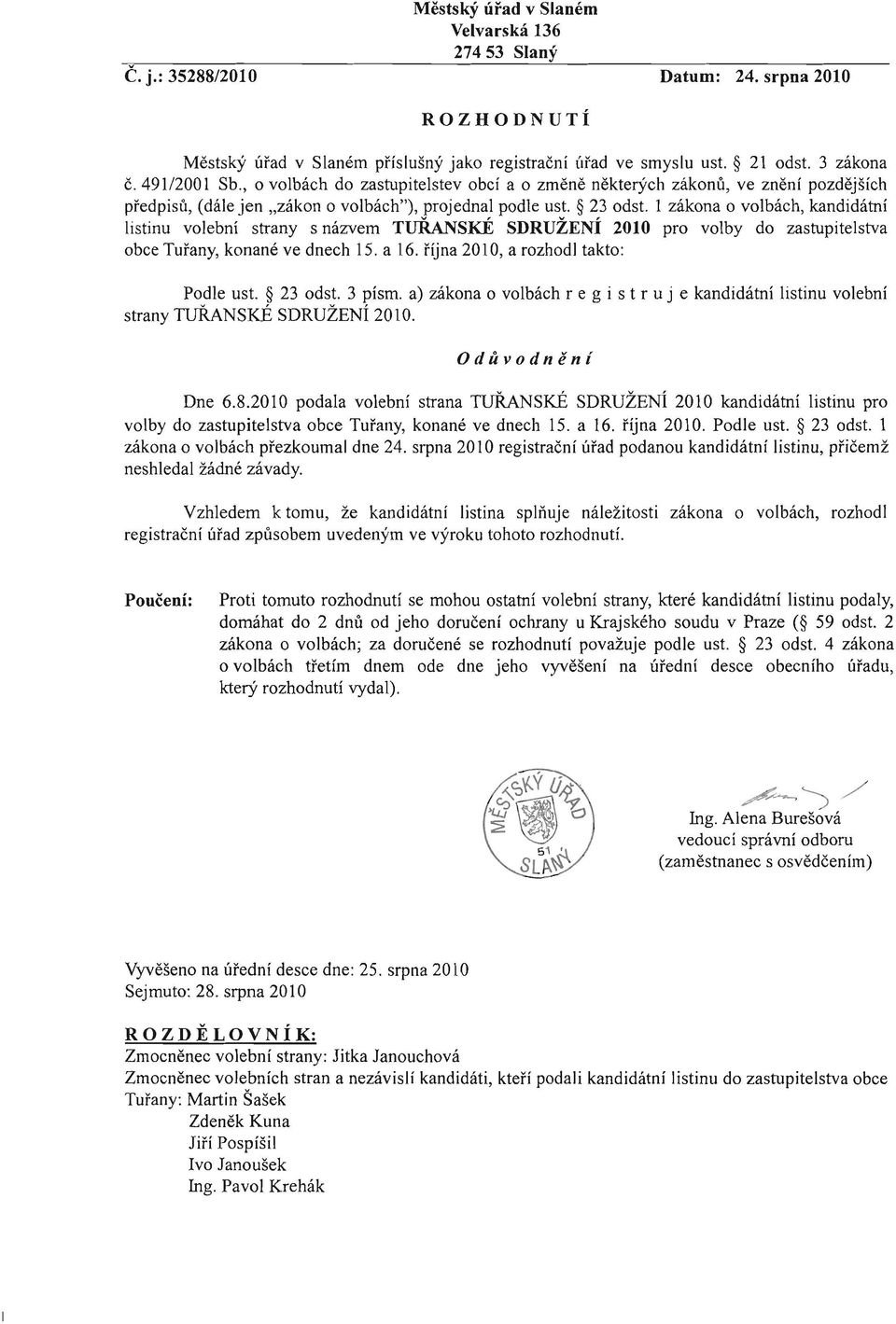 1 zákona o volbách, kandidátni listinu volebni strany s názvem TURANSKE SDRUZENI 2010 pro volby do zastupitelstva obce Tuany, konané ye dnech 15. a 16. IIjna 2010, a rozhodl takto: Podle ust. 23 odst.