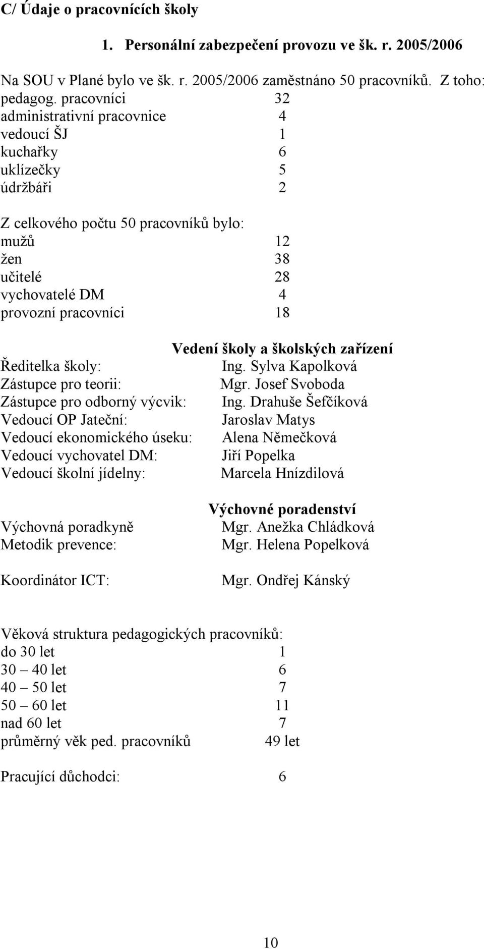 Vedení školy a školských zařízení Ředitelka školy: Ing. Sylva Kapolková Zástupce pro teorii: Mgr. Josef Svoboda Zástupce pro odborný výcvik: Ing.