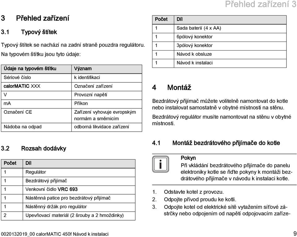 vyhovuje evropským normám a směrnicím odborná likvidace zařízení Počet Díl 1 Sada baterií (4 x AA) 1 6pólový konektor 1 3pólový konektor 1 Návod k obsluze 1 Návod k instalaci 4 Montáž Bezdrátový