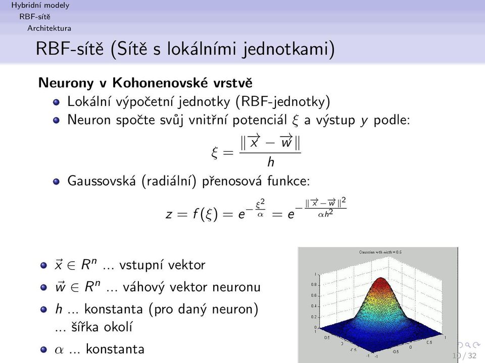 h Gaussovská (radiální) přenosová funkce: z = f (ξ) = e ξ2 α = e x w 2 αh 2 x R n.