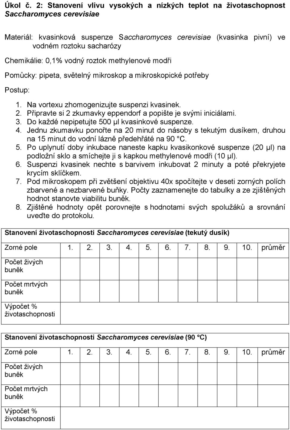 0,1% vodný roztok methylenové modři Pomůcky: pipeta, světelný mikroskop a mikroskopické potřeby Postup: 1. Na vortexu zhomogenizujte suspenzi kvasinek. 2.