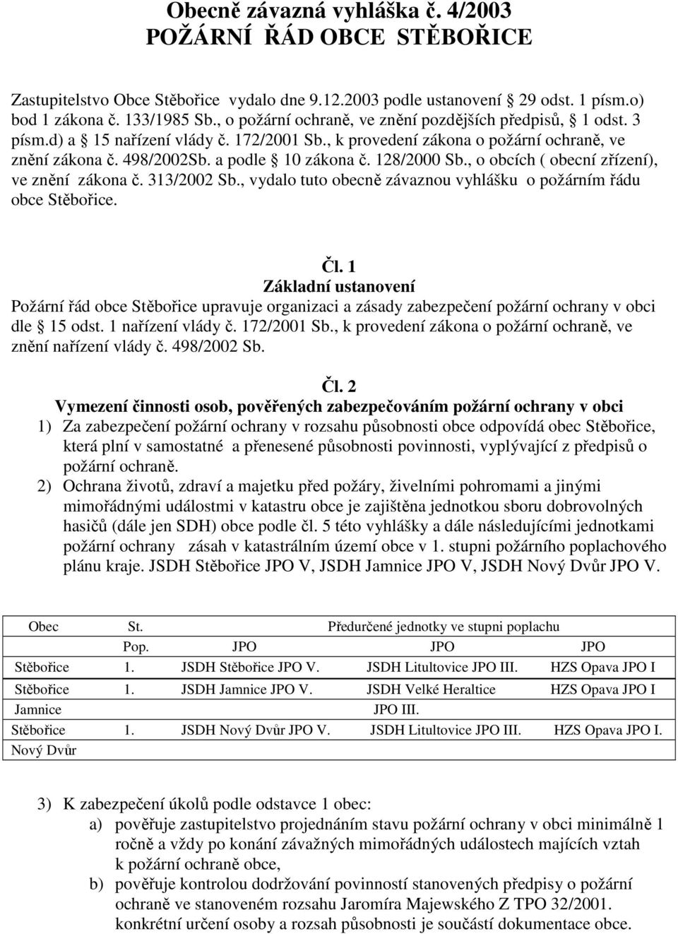 128/2000 Sb., o obcích ( obecní zřízení), ve znění zákona č. 313/2002 Sb., vydalo tuto obecně závaznou vyhlášku o požárním řádu obce Stěbořice. Čl.