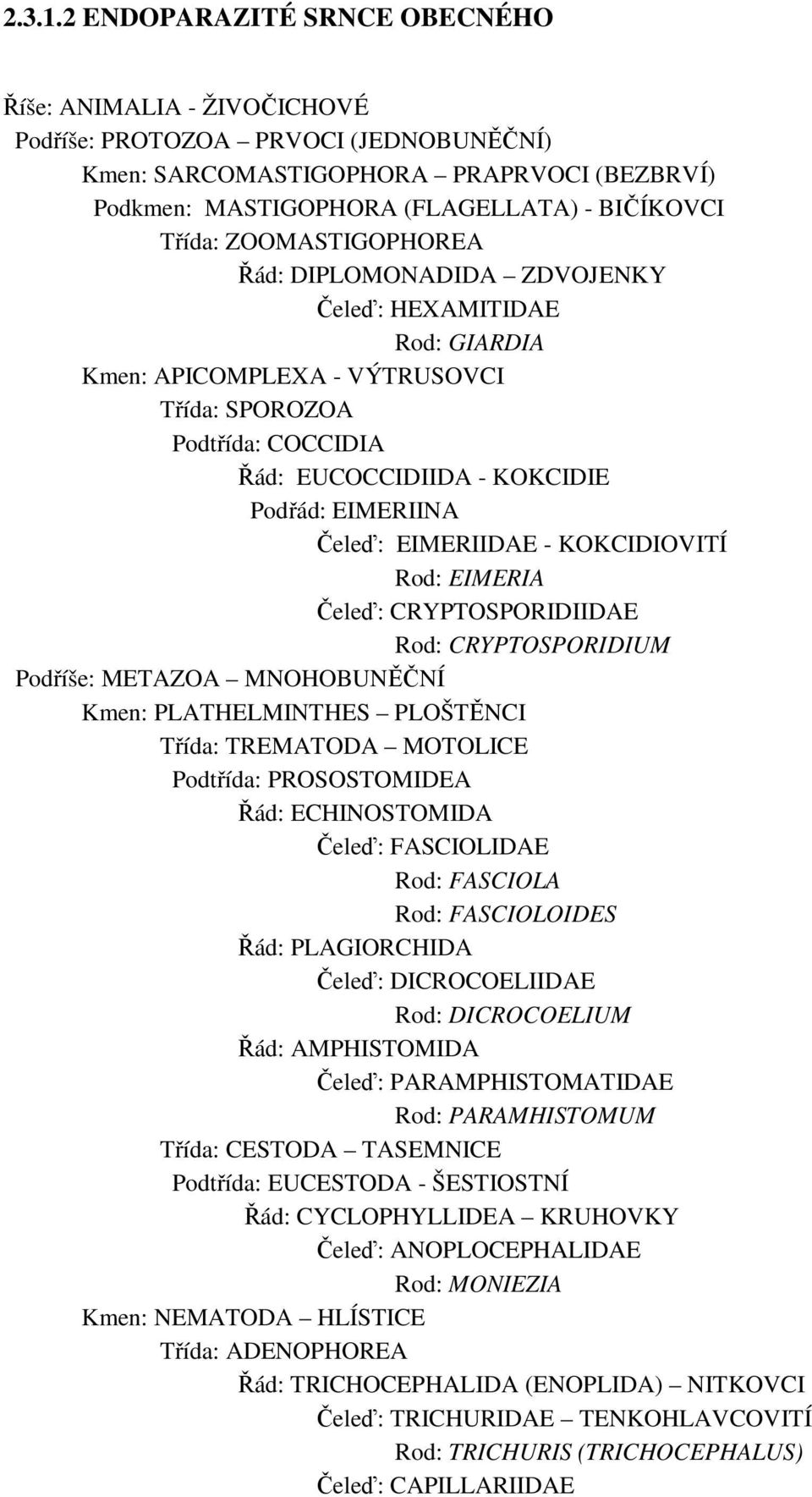 ZOOMASTIGOPHOREA Řád: DIPLOMONADIDA ZDVOJENKY Čeleď: HEXAMITIDAE Rod: GIARDIA Kmen: APICOMPLEXA - VÝTRUSOVCI Třída: SPOROZOA Podtřída: COCCIDIA Řád: EUCOCCIDIIDA - KOKCIDIE Podřád: EIMERIINA Čeleď: