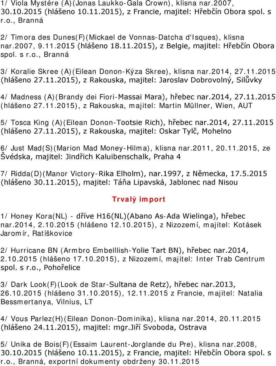 2014, 27.11.2015 (hlášeno 27.11.2015), z Rakouska, majitel: Martin Müllner, Wien, AUT 5/ Tosca King (A)(Eilean Donon-Tootsie Rich), hřebec nar.2014, 27.11.2015 (hlášeno 27.11.2015), z Rakouska, majitel: Oskar Tylč, Mohelno 6/ Just Mad(S)(Marion Mad Money-Hilma), klisna nar.