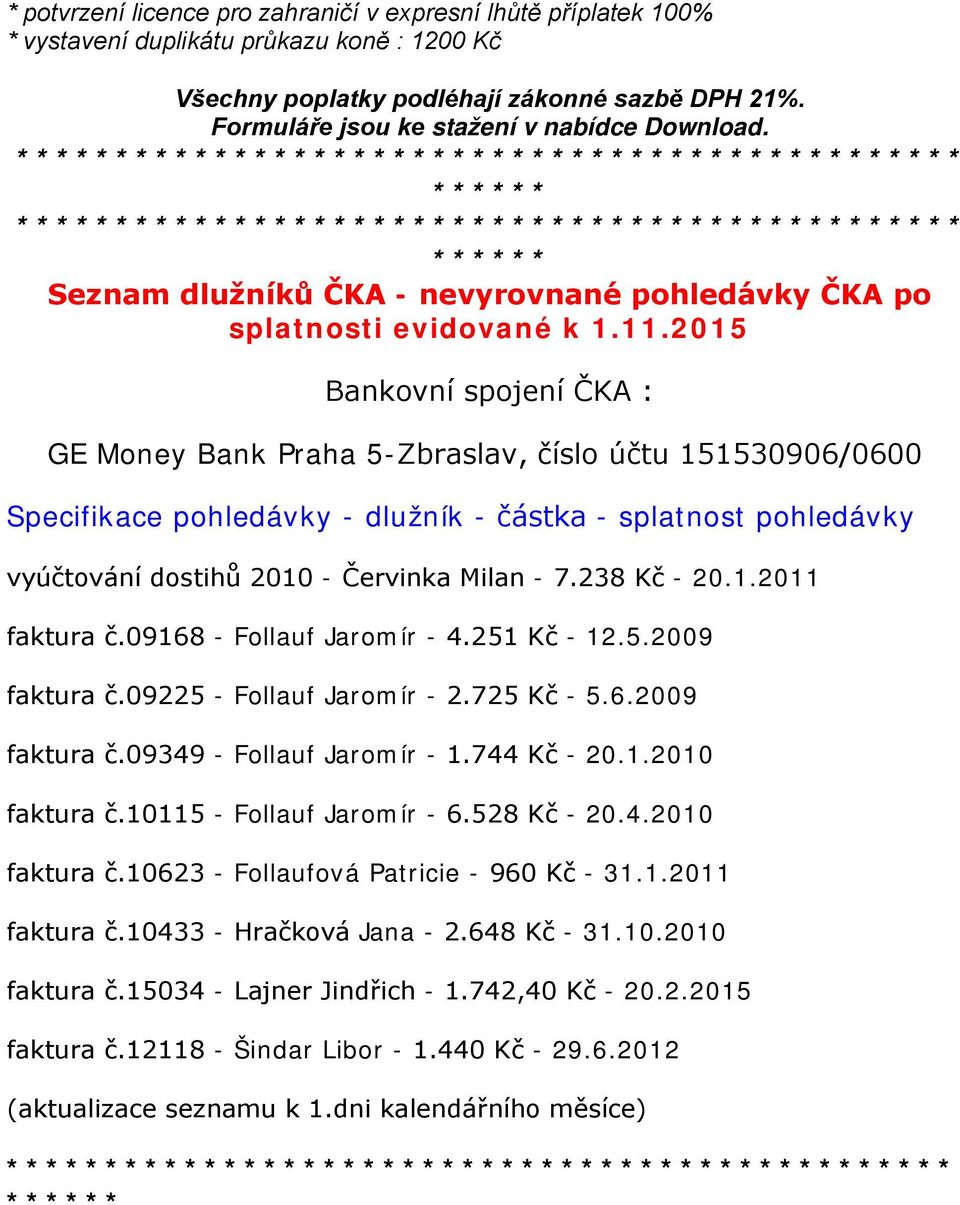 2015 Bankovní spojení ČKA : GE Money Bank Praha 5-Zbraslav, číslo účtu 151530906/0600 Specifikace pohledávky - dlužník - částka - splatnost pohledávky vyúčtování dostihů 2010 - Červinka Milan - 7.