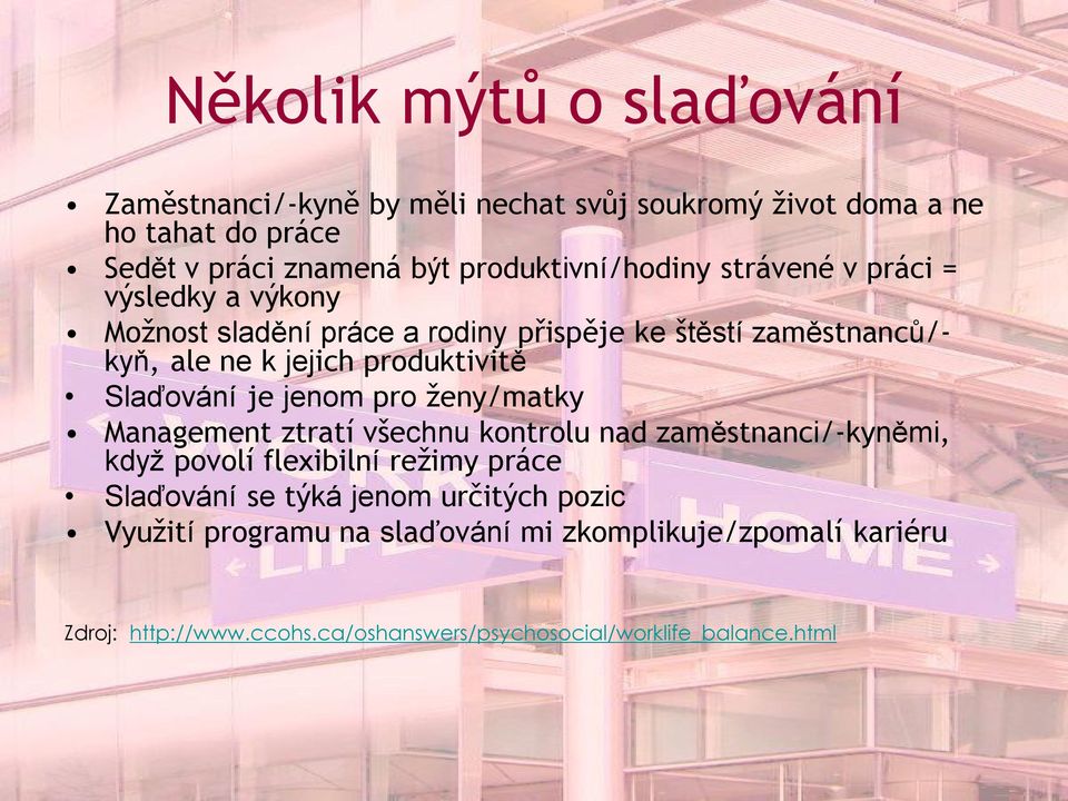 produktivitě Slaďování je jenom pro ženy/matky Management ztratí všechnu kontrolu nad zaměstnanci/-kyněmi, když povolí flexibilní režimy práce