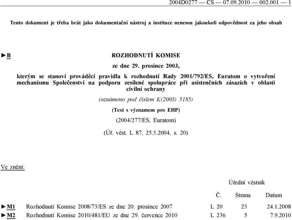 prosince 2003, kterým se stanoví prováděcí pravidla k rozhodnutí Rady 2001/792/ES, Euratom o vytvoření mechanismu Společenství na podporu zesílené spolupráce při