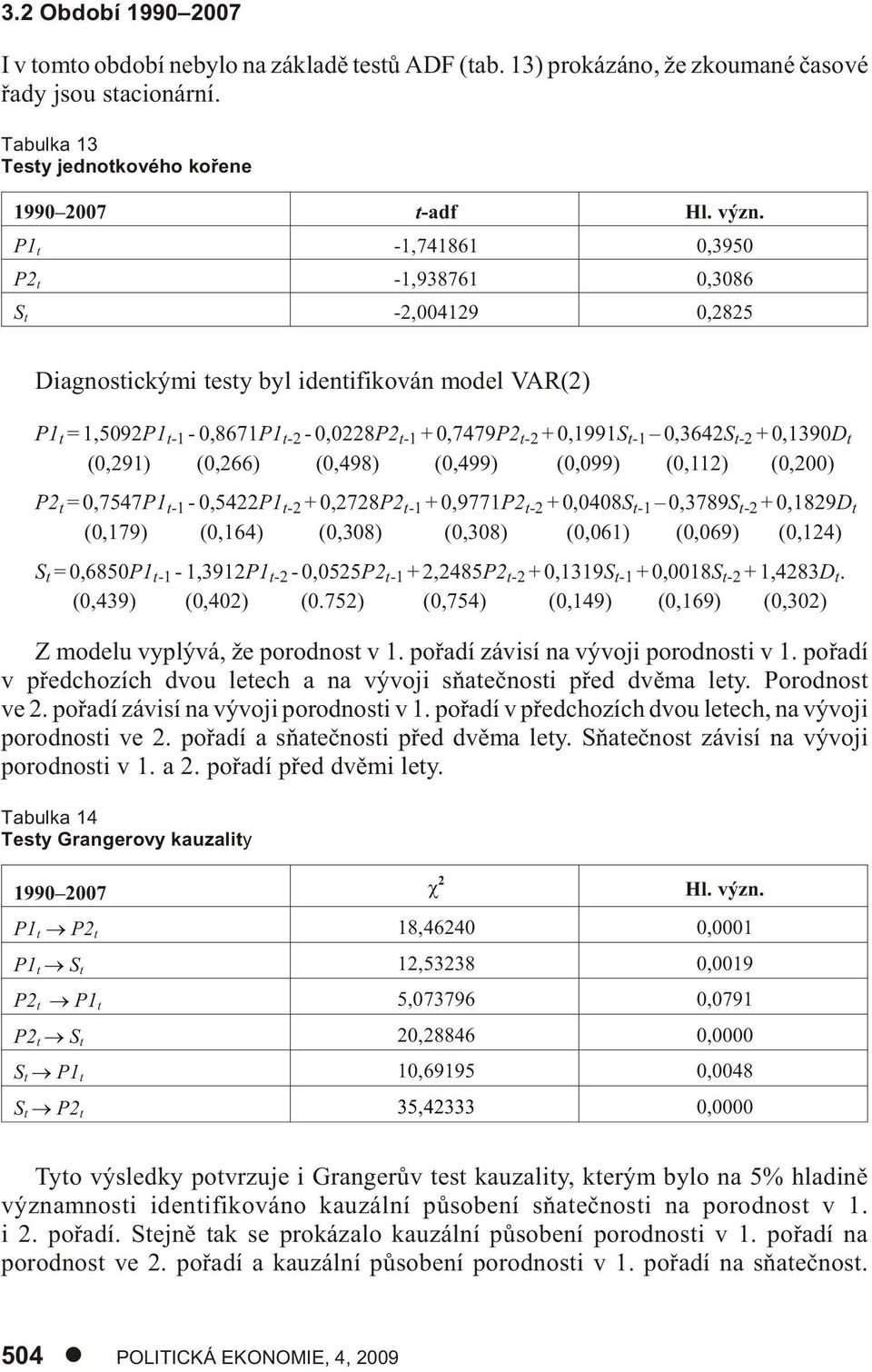 t-2 + 0,1390D t (0,291) (0,266) (0,498) (0,499) (0,099) (0,112) (0,200) P2 t = 0,7547P1 t-1-0,5422p1 t-2 + 0,2728P2 t-1 + 0,9771P2 t-2 + 0,0408S t-1 0,3789S t-2 + 0,1829D t (0,179) (0,164) (0,308)