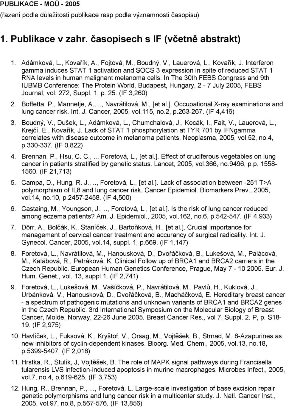 In The 30th FEBS Congress and 9th IUBMB Conference: The Protein World, Budapest, Hungary, 2-7 July 2005, FEBS Journal, vol. 272, Suppl. 1, p. 25. (IF 3,260) 2. Boffetta, P., Mannetje, A.,.., Navrátilová, M.