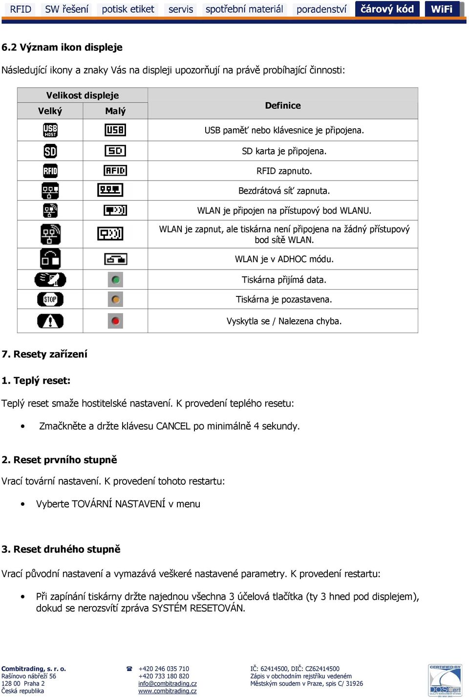 WLAN je v ADHOC módu. Tiskárna přijímá data. Tiskárna je pozastavena. Vyskytla se / Nalezena chyba. 7. Resety zařízení 1. Teplý reset: Teplý reset smaže hostitelské nastavení.