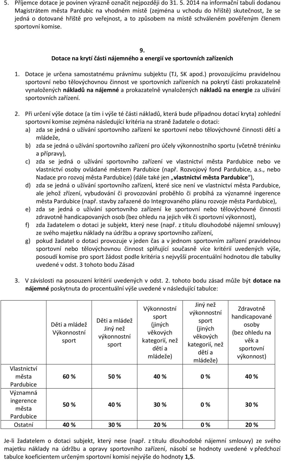 pověřeným členem sportovní komise. 9. Dotace na krytí části nájemného a energií ve sportovních zařízeních 1. Dotace je určena samostatnému právnímu subjektu (TJ, SK apod.