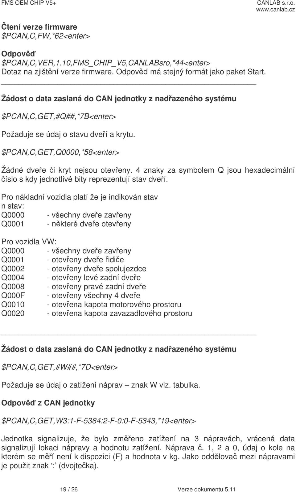 4 znaky za symbolem Q jsou hexadecimální íslo s kdy jednotlivé bity reprezentují stav dveí.