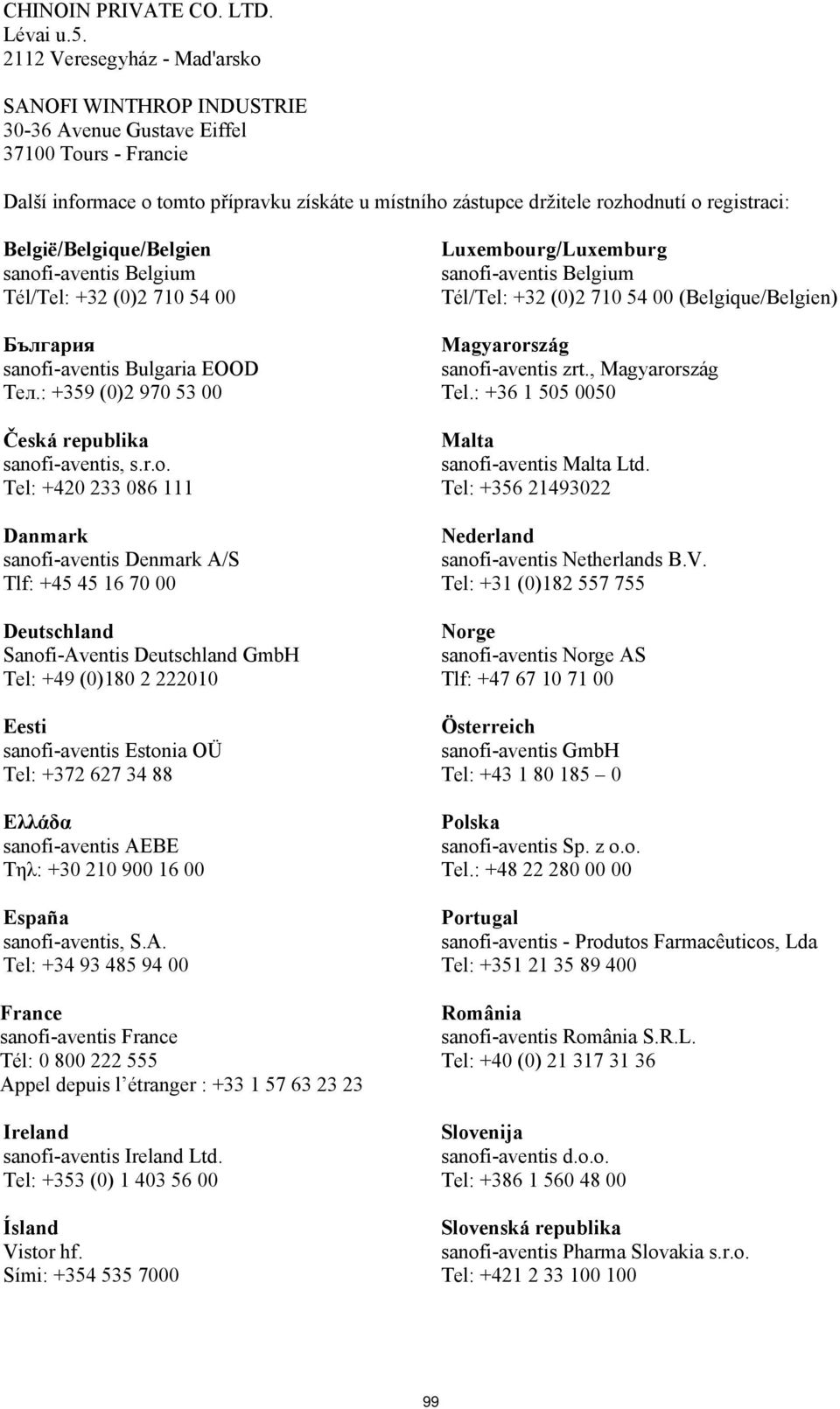 registraci: België/Belgique/Belgien sanof