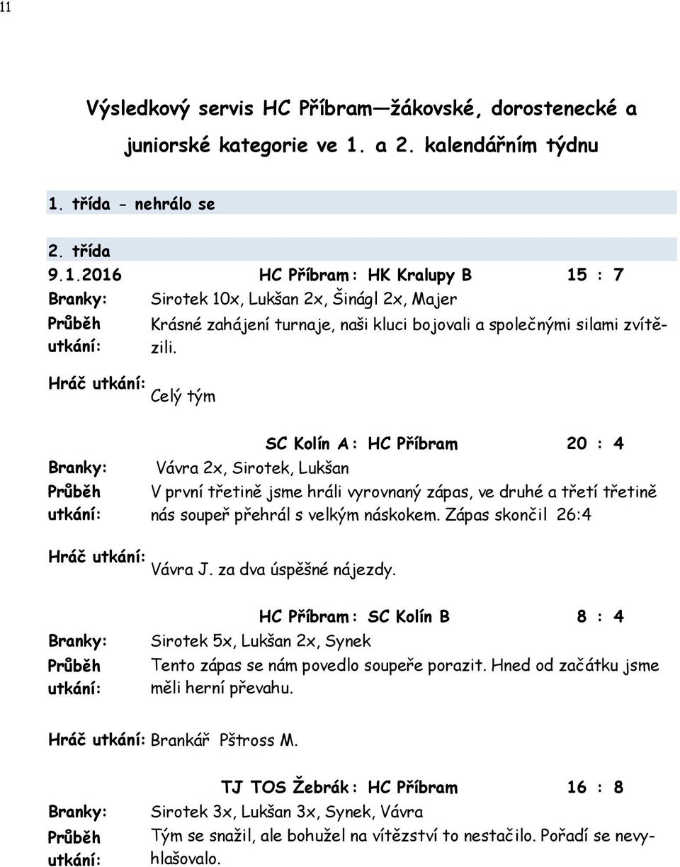 Zápas skončil 26:4 Hráč Vávra J. za dva úspěšné nájezdy. Branky: Průběh HC Příbram : SC Kolín B 8 : 4 Sirotek 5x, Lukšan 2x, Synek Tento zápas se nám povedlo soupeře porazit.