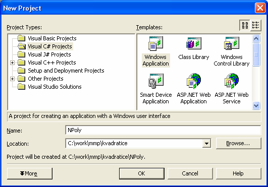 1 Používáme Visual Studio Okenní klient knihovny KvadrRovLib Založíme-si nový projekt podle obrázku.