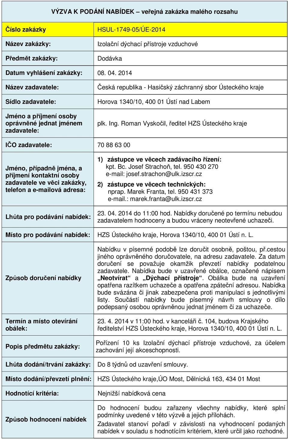 Ing. Roman Vyskočil, ředitel HZS Ústeckého kraje IČO zadavatele: 70 88 63 00 Jméno, případně jména, a příjmení kontaktní osoby zadavatele ve věci zakázky, telefon a e-mailová adresa: Lhůta pro