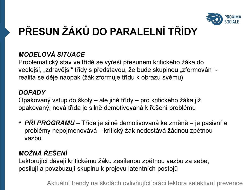 opakovaný; nová třída je silně demotivovaná k řešení problému PŘI PROGRAMU Třída je silně demotivovaná ke změně je pasivní a problémy nepojmenovává