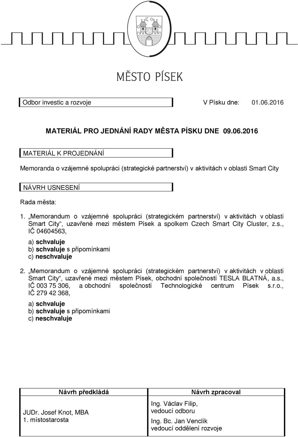 Memorandum o vzájemné spolupráci (strategickém partnerství) v aktivitách v oblasti Smart City, uzavřené mezi městem Písek, obchodní společností TESLA BLATNÁ, a.s., IČ 003 75 306, a obchodní společností Technologické centrum Písek s.