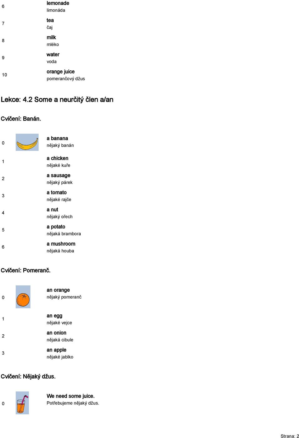 a banana nějaký banán a chicken nějaké kuře a sausage nějaký párek a tomato nějaké rajče a nut nějaký ořech a potato