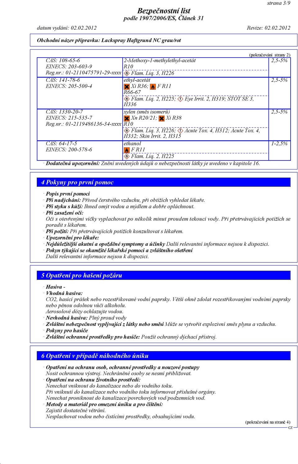 4, H332; Skin Irrit. 2, H315 ethanol F R11 Flam. Liq. 2, H225 Dodatečná upozornění: Znění uvedených údajů o nebezpečnosti látky je uvedeno v kapitole 16.