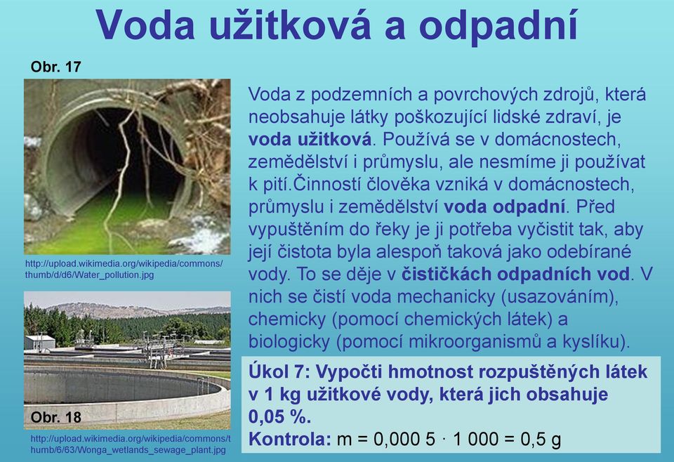 činností člověka vzniká v domácnostech, průmyslu i zemědělství voda odpadní. Před vypuštěním do řeky je ji potřeba vyčistit tak, aby její čistota byla alespoň taková jako odebírané vody.