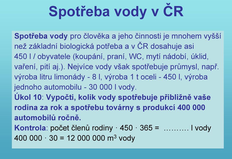 výroba litru limonády - 8 l, výroba 1 t oceli - 450 l, výroba jednoho automobilu - 30 000 l vody.