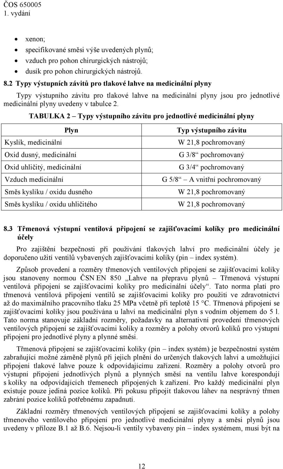 TABULKA 2 Typy výstupního závitu pro jednotlivé medicinální plyny Plyn Kyslík, medicinální Oxid dusný, medicinální Oxid uhličitý, medicinální Vzduch medicinální Směs kyslíku / oxidu dusného Směs