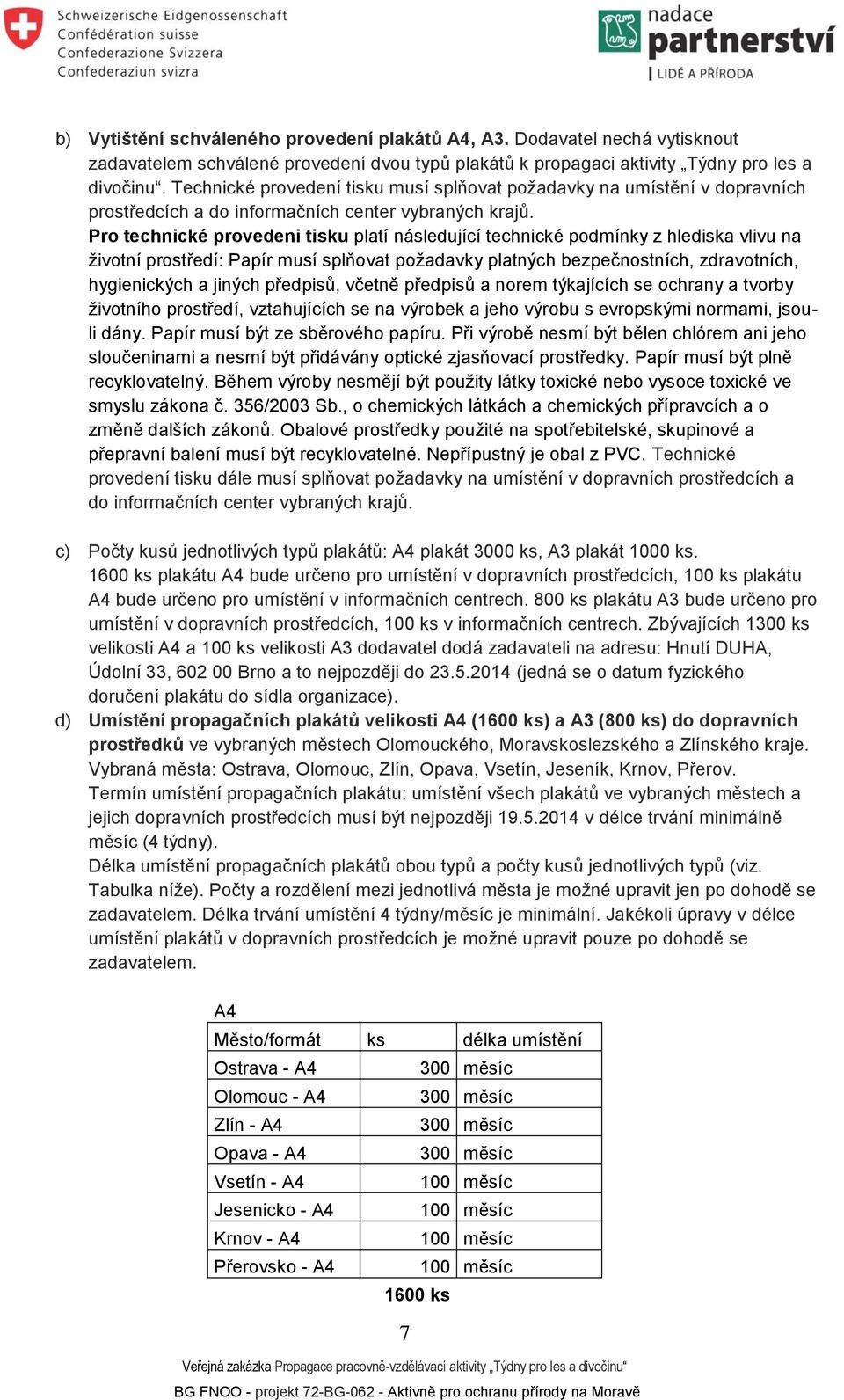 Pro technické provedeni tisku platí následující technické podmínky z hlediska vlivu na životní prostředí: Papír musí splňovat požadavky platných bezpečnostních, zdravotních, hygienických a jiných