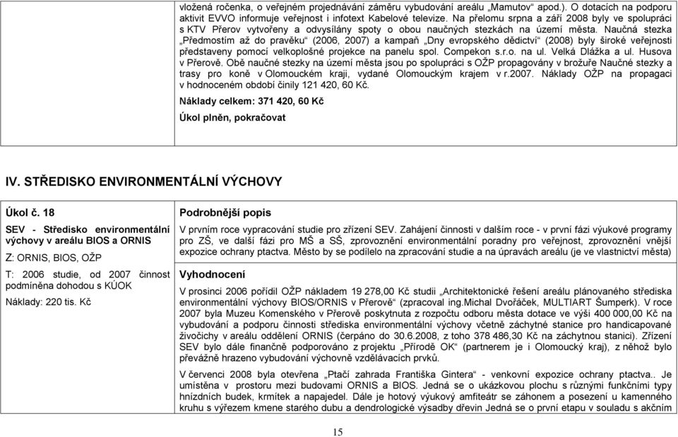 Naučná stezka Předmostím aţ do pravěku (26, 27) a kampaň Dny evropského dědictví (28) byly široké veřejnosti představeny pomocí velkoplošné projekce na panelu spol. Compekon s.r.o. na ul.