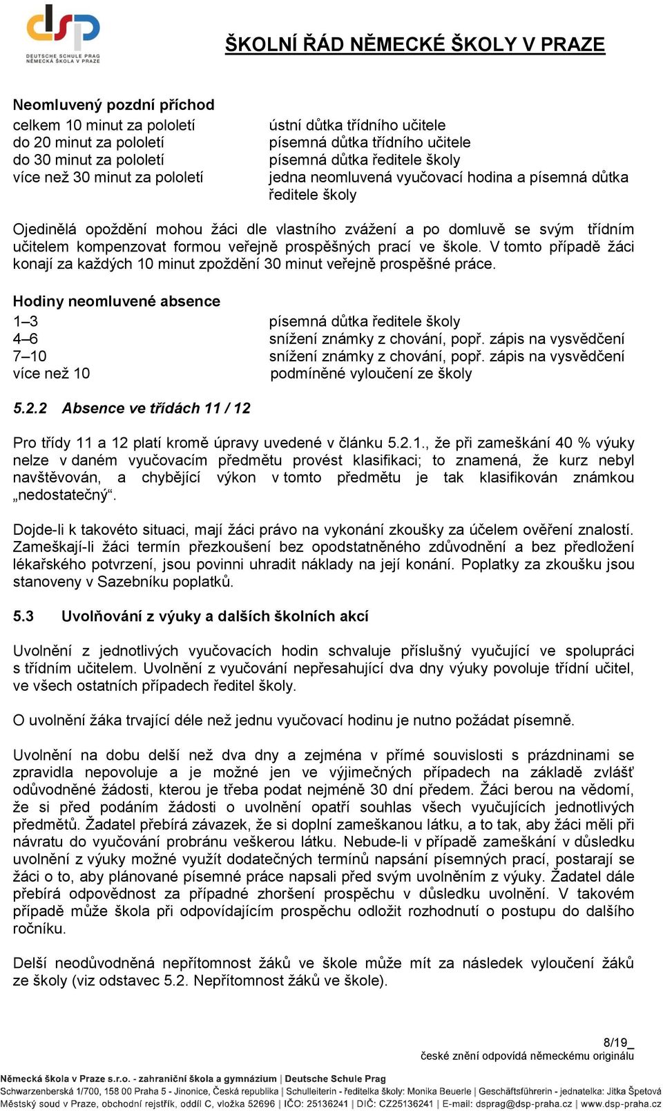 veřejně prospěšných prací ve škole. V tomto případě žáci konají za každých 10 minut zpoždění 30 minut veřejně prospěšné práce.