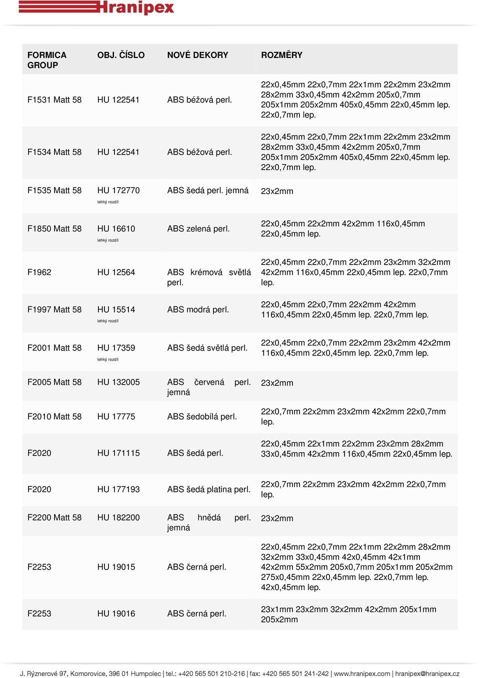 116x0,45mm 22x0,45mm F1962 HU 12564 ABS krémová světlá 22x0,45mm 22x0,7mm 22x2mm 32x2mm 42x2mm 116x0,45mm 22x0,45mm 22x0,7mm F1997 Matt 58 HU 15514 ABS modrá 22x0,45mm 22x0,7mm 22x2mm 42x2mm