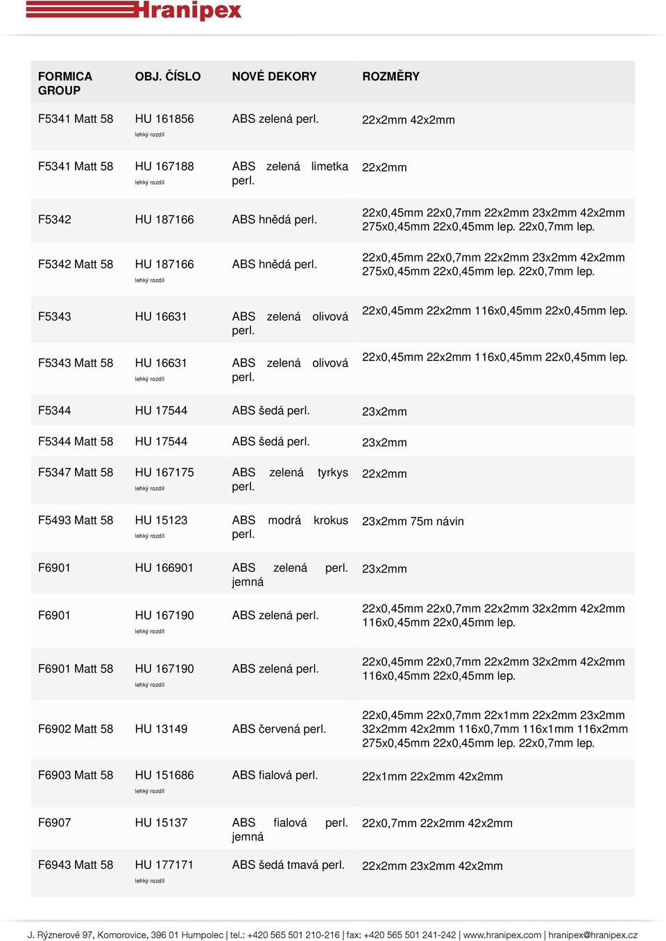 22x0,45mm 22x2mm 116x0,45mm 22x0,45mm F5344 HU 17544 ABS šedá F5344 Matt 58 HU 17544 ABS šedá F5347 Matt 58 HU 167175 ABS zelená tyrkys 22x2mm F5493 Matt 58 HU 15123 ABS modrá krokus 75m návin F6901