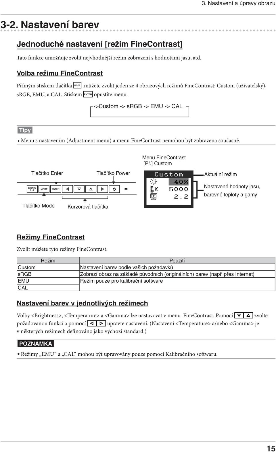 ->Custom -> srgb -> EMU -> CAL Tipy Menu s nastavením (Adjustment menu) a menu FineContrast nemohou být zobrazena současně. Menu FineContrast [Př.