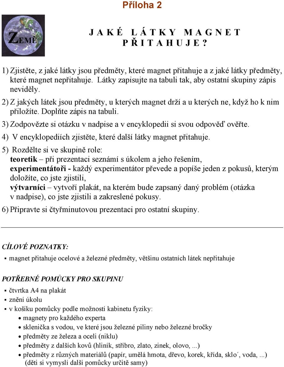 3) Zodpovězte si otázku v nadpise a v encyklopedii si svou odpověď ověřte. 4) V encyklopediích zjistěte, které další látky magnet přitahuje.