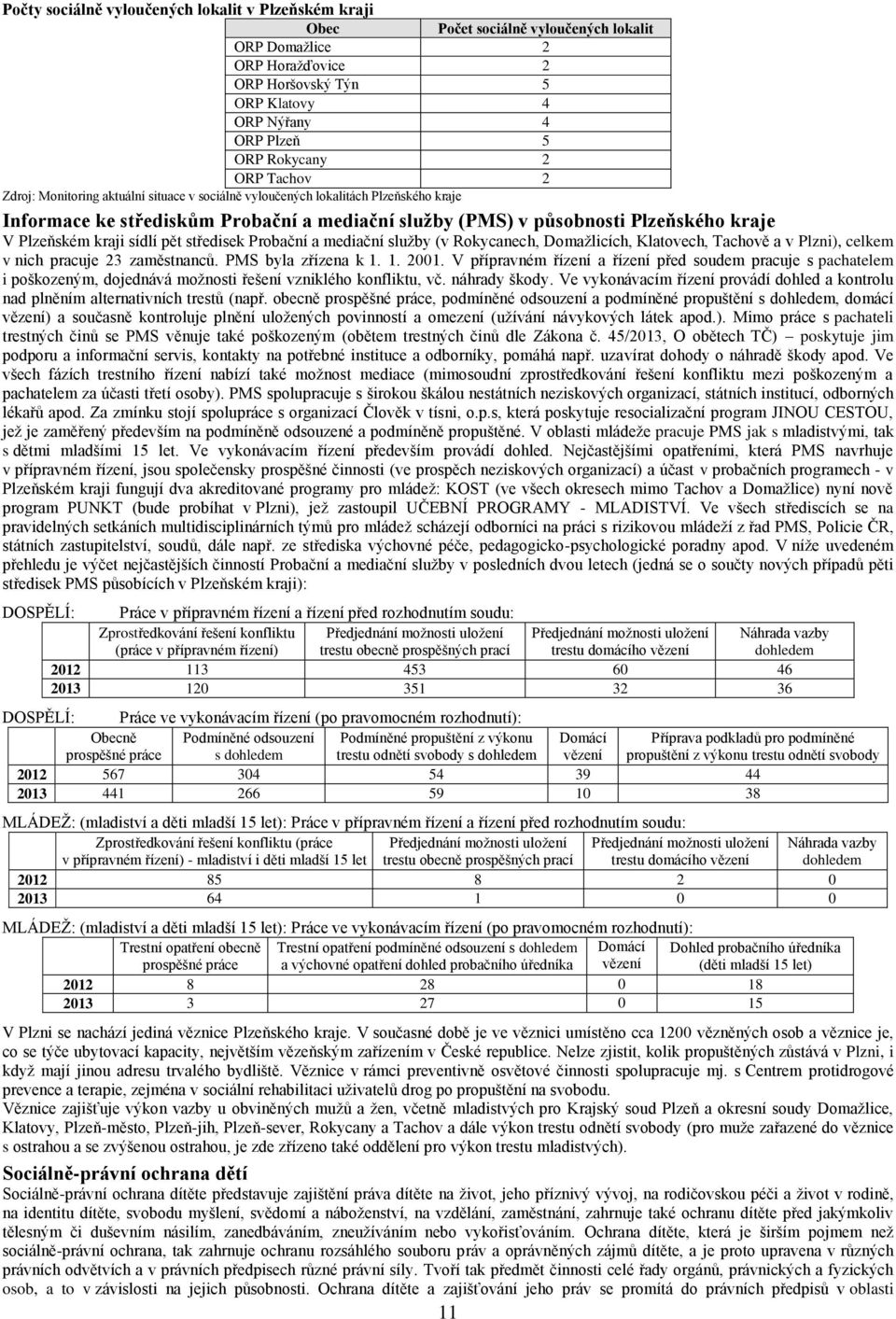 kraji sídlí pět středisek Probační a mediační služby (v Rokycanech, Domažlicích, Klatovech, Tachově a v Plzni), celkem v nich pracuje 23 zaměstnanců. PMS byla zřízena k 1. 1. 2001.