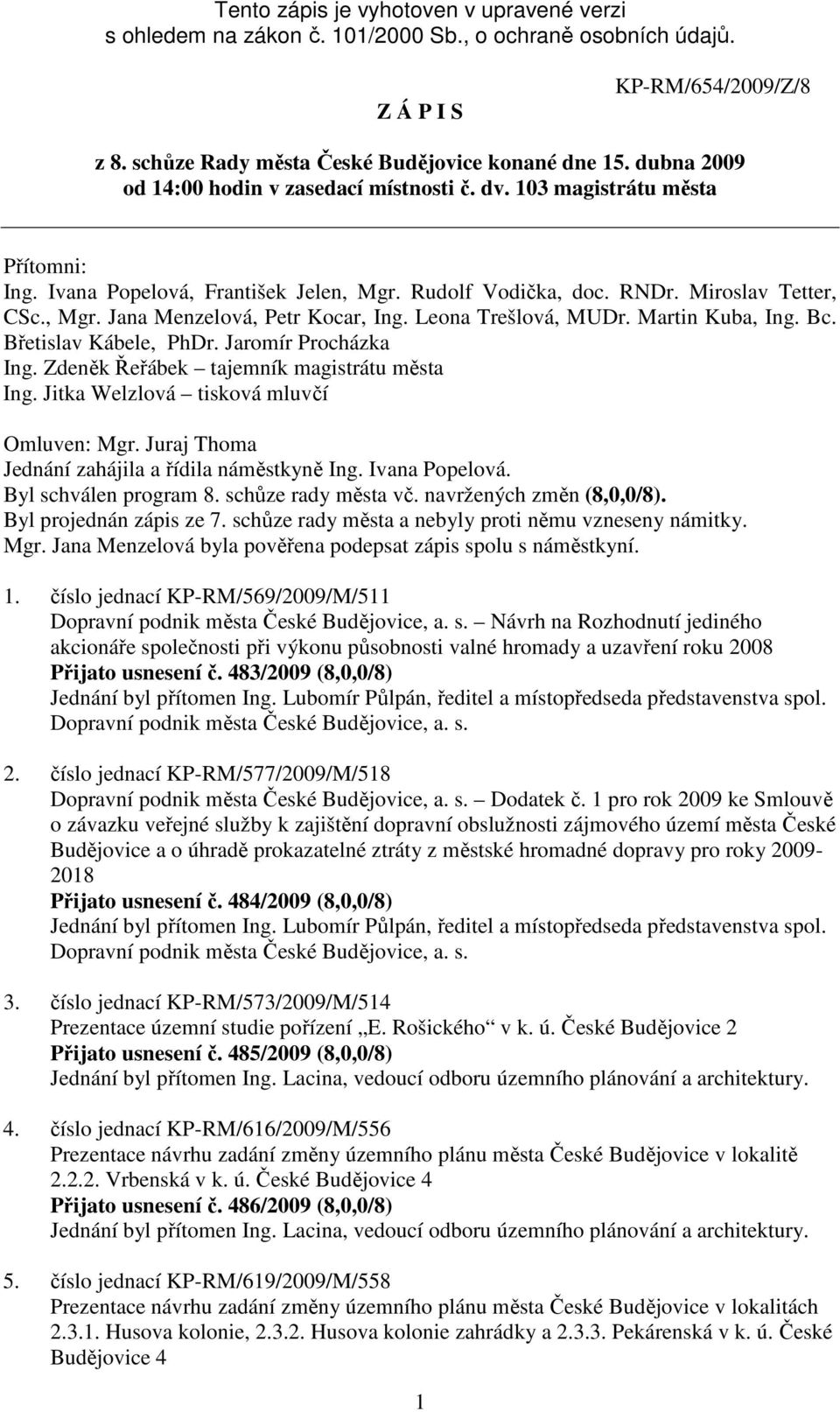 Leona Trešlová, MUDr. Martin Kuba, Ing. Bc. Břetislav Kábele, PhDr. Jaromír Procházka Ing. Zdeněk Řeřábek tajemník magistrátu města Ing. Jitka Welzlová tisková mluvčí Omluven: Mgr.