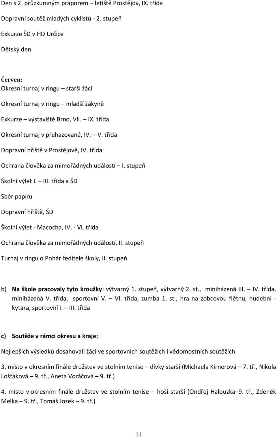 třída Ochrana člověka za mimořádných událostí I. stupeň Školní výlet I. III. třída a ŠD Sběr papíru Dopravní hřiště, ŠD Školní výlet - Macocha, IV. - VI.