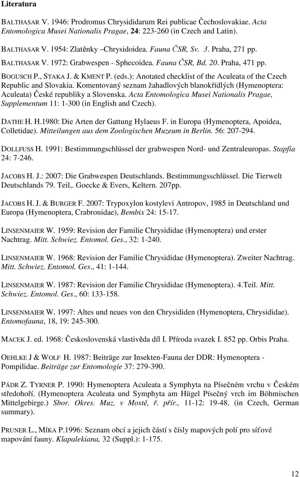 ): Anotated checklist of the Aculeata of the Czech Republic and Slovakia. Komentovaný seznam žahadlových blanokřídlých (Hymenoptera: Aculeata) České republiky a Slovenska.