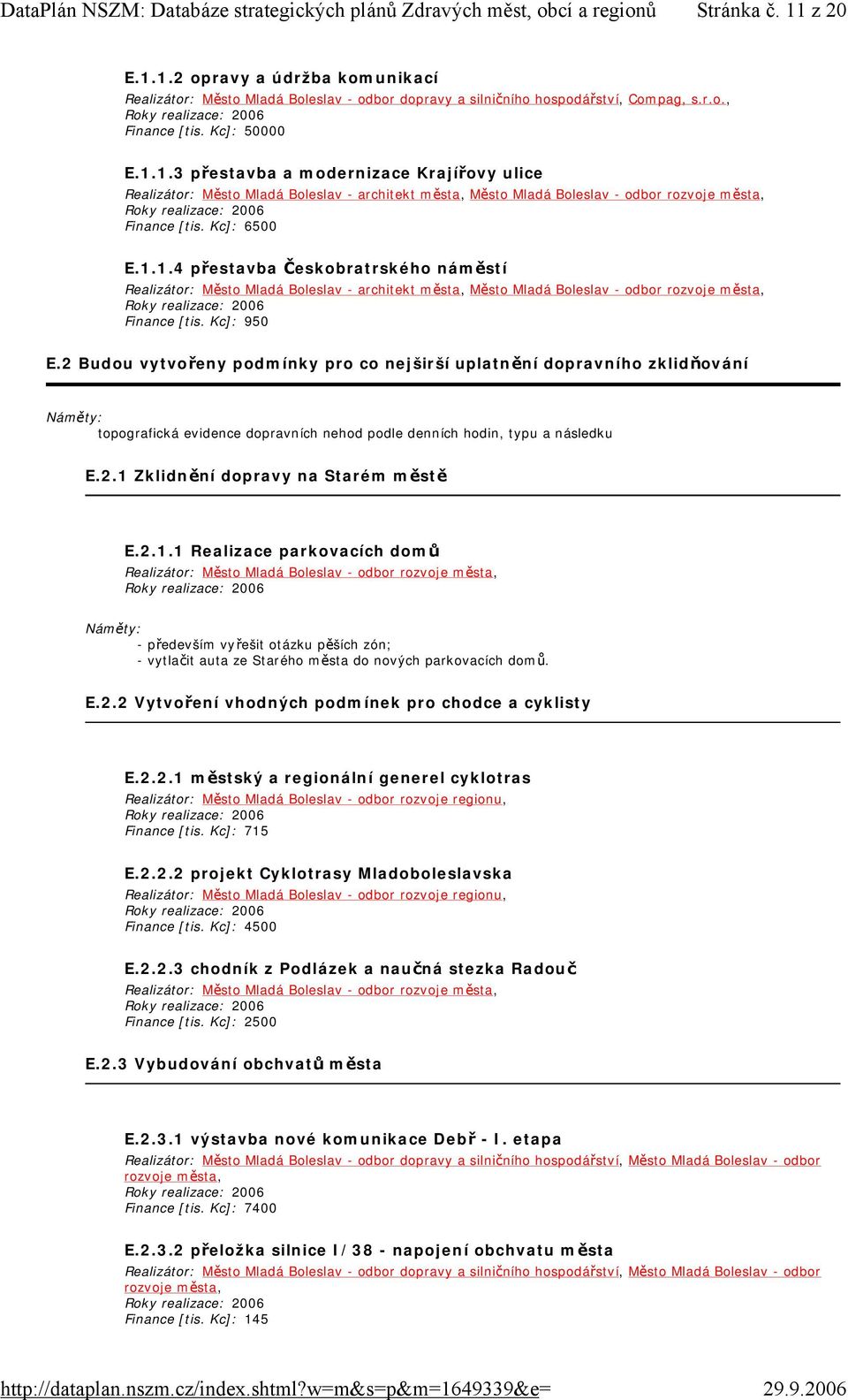 2 Budou vytvořeny podmínky pro co nejširší uplatnění dopravního zklidňování topografická evidence dopravních nehod podle denních hodin, typu a následku E.2.1 