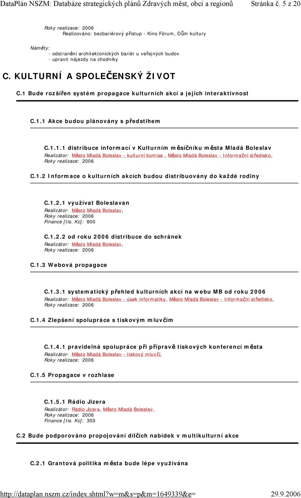 1.2 Informace o kulturních akcích budou distribuovány do každé rodiny C.1.2.1 využívat Boleslavan Realizátor: Město Mladá Boleslav, Finance [tis. Kc]: 800 C.1.2.2 od roku 2006 distribuce do schránek Realizátor: Město Mladá Boleslav, C.