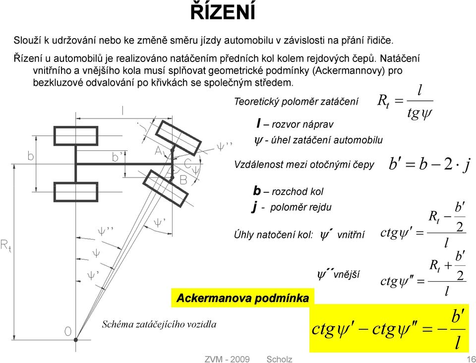 Naáčení niřního a nějšího kola musí splňoa geomerické podmínky (Ackermannoy) pro bezkluzoé odaloání po křikách se společným sředem.