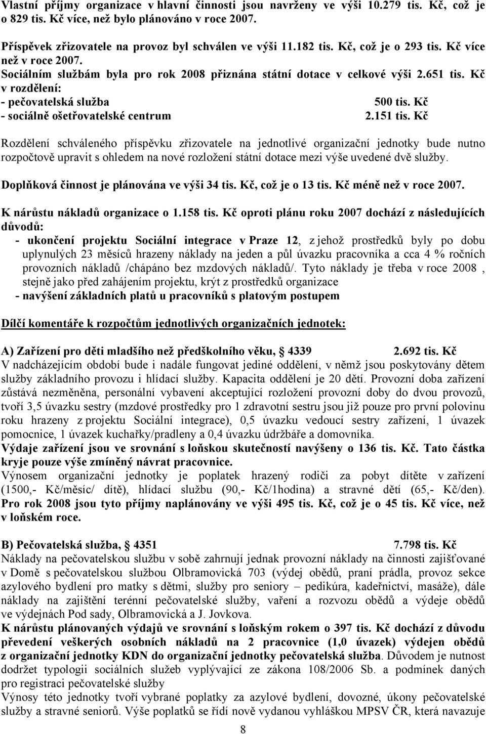 Kč - sociálně ošetřovatelské centrum 2.151 tis.