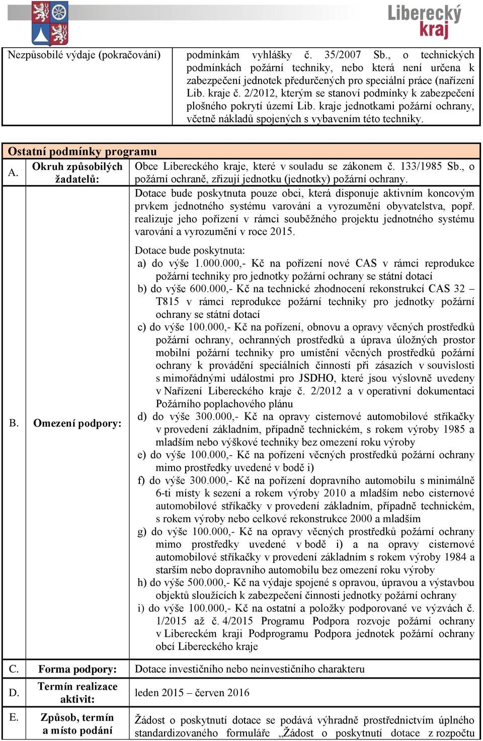 2/2012, kterým se stanoví podmínky k zabezpečení plošného pokrytí území Lib. kraje jednotkami požární ochrany, včetně nákladů spojených s vybavením této techniky.