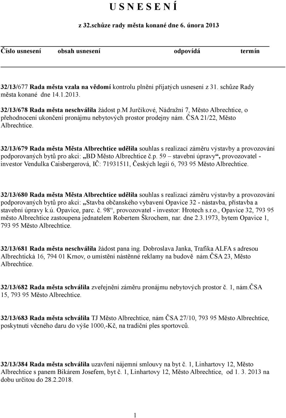 ČSA 21/22, Město Albrechtice. 32/13/679 Rada města Města Albrechtice udělila souhlas s realizací záměru výstavby a pr