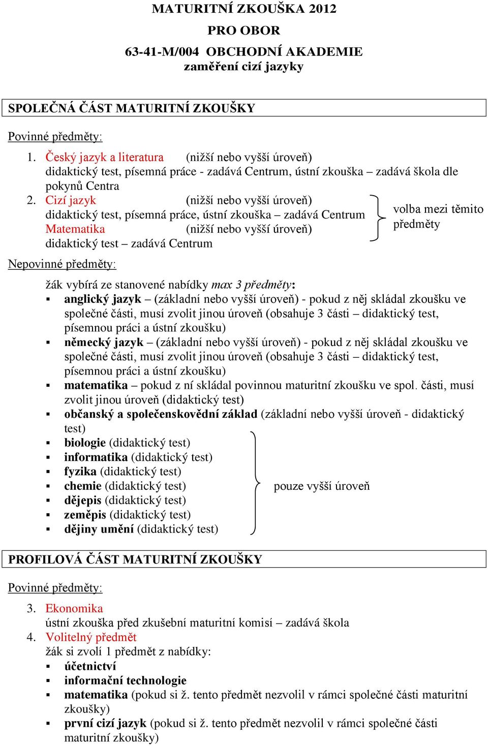 Cizí jazyk (nižší nebo vyšší úroveň) didaktický test, písemná práce, ústní zkouška zadává Centrum volba mezi těmito Matematika (nižší nebo vyšší úroveň) předměty didaktický test zadává Centrum žák