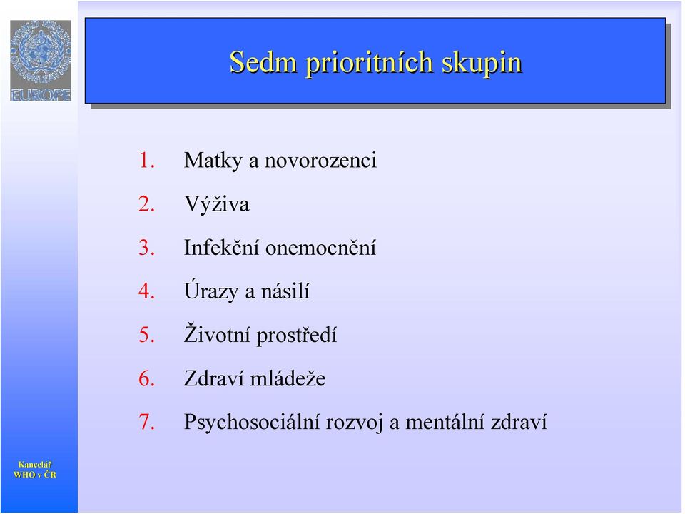 Infekční onemocnění 4. Úrazy a násilí 5.